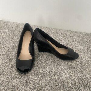 Franco Sarto Harper Black Peep Toe Wedge Heels - Size 8.5 (Box Included)